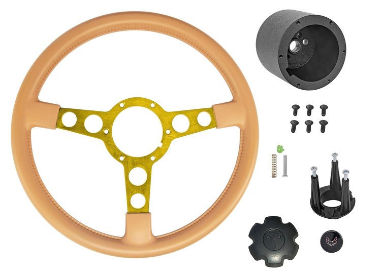 Formula Steering Wheel Kit for 1970-1981 Pontiac Firebird Trans AM [Gold 3-Spoke w/Tan Grip & TA Red Bird Emblem]