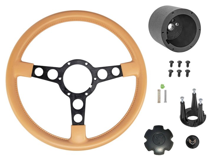 Formula Steering Wheel Kit for 1970-1981 Pontiac Firebird Trans AM [Black 3-Spoke w/Tan Grip & TA Gold Bird Emblem]