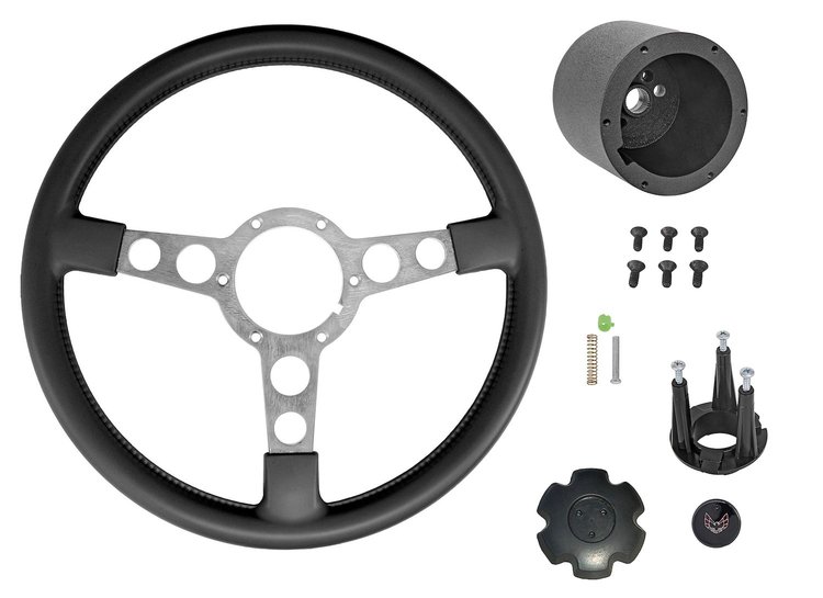 Formula Steering Wheel Kit for 1970-1981 Pontiac Firebird Trans AM [Silver 3-Spoke w/Black Grip & TA Red Bird Emblem]