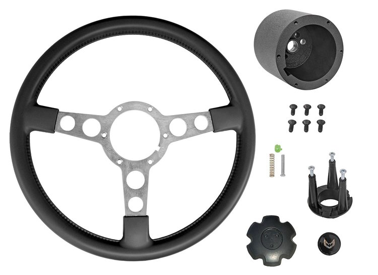 Formula Steering Wheel Kit for 1970-1981 Pontiac Firebird Trans AM [Silver 3-Spoke w/Black Grip & TA Gold Bird Emblem]