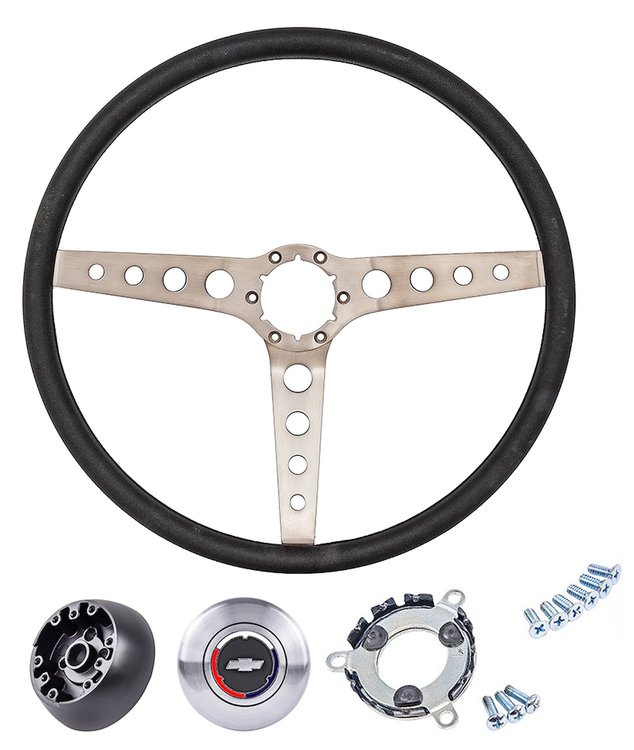 3-Spoke Steering Wheel Kit Fits Select 1960-1975 Chevy/GMC Trucks, 1969-1972 GM Cars [Round Holes, Black Grip/Hub]