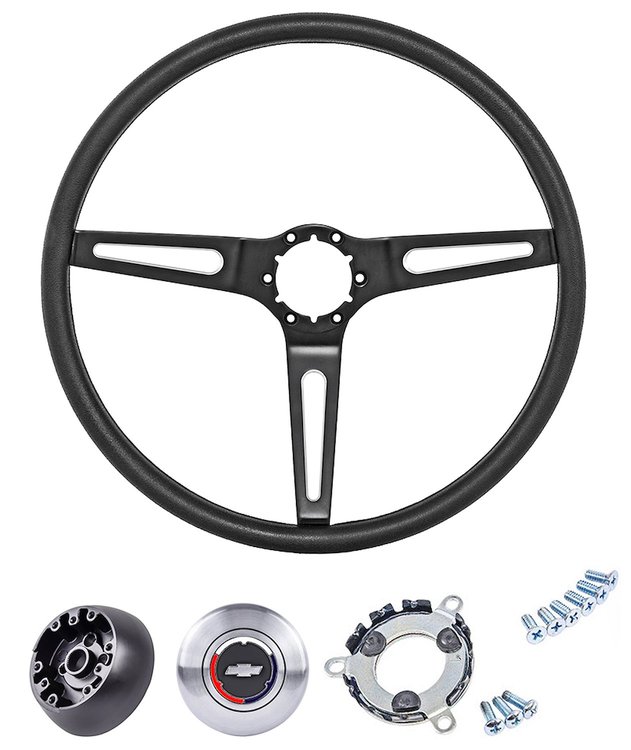 Black 3-Spoke Steering Wheel Kit Fits Select 1960-1975 GM Trucks, 1969-1972 GM Cars [Stainless Steel Outer Ring, Black Grip/Hub]