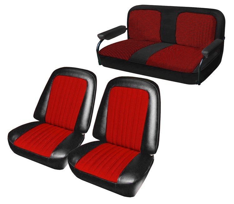 Front Buckets and Rear Bench Seat Upholstery for 1969-1972 Chevrolet Blazer  GMC Jimmy [Red-Black Cloth, Black Oxen]