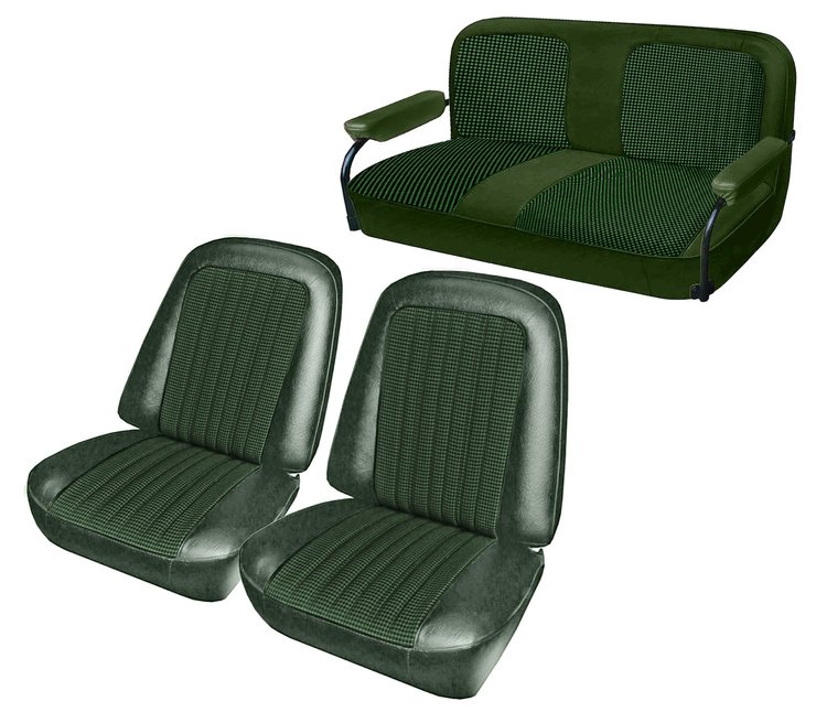 Front Buckets and Rear Bench Seat Upholstery for 1969-1972 Chevrolet Blazer  GMC Jimmy [Green-Black Cloth, Medium Green Oxen]
