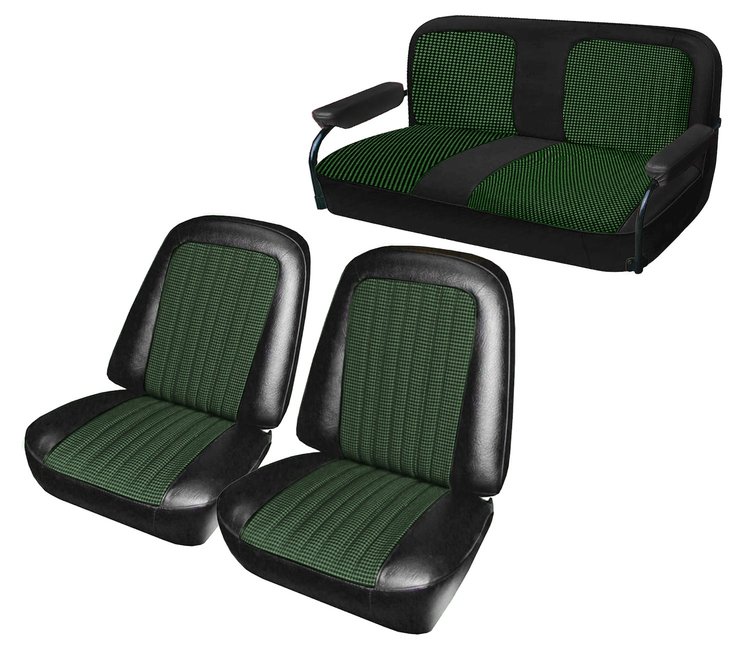 Front Buckets and Rear Bench Seat Upholstery for 1969-1972 Chevrolet Blazer  GMC Jimmy [Green-Black Cloth, Black Oxen]