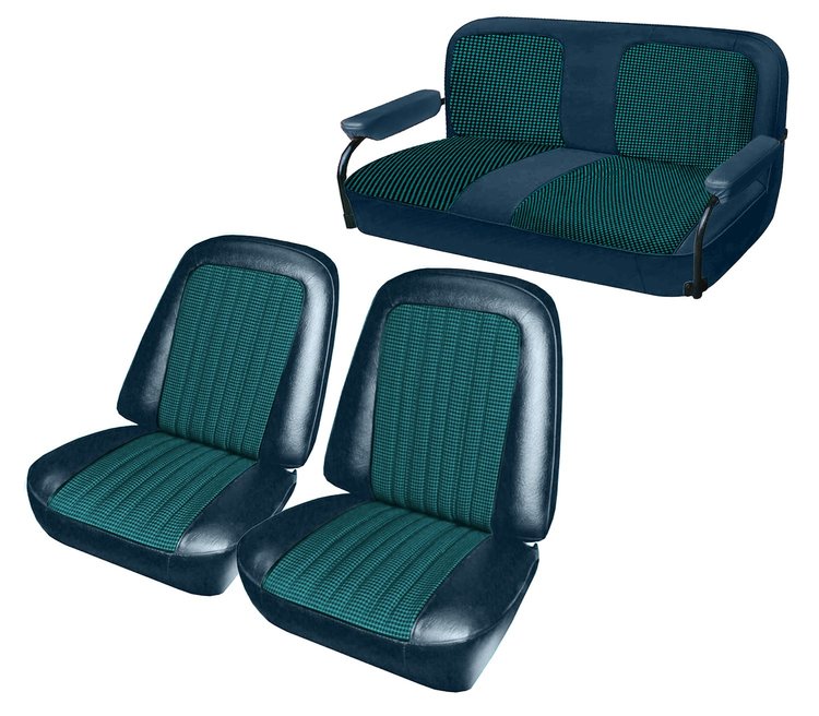 Front Buckets and Rear Bench Seat Upholstery for 1969-1972 Chevrolet Blazer  GMC Jimmy [Blue-Black Cloth, Dark Blue Oxen]