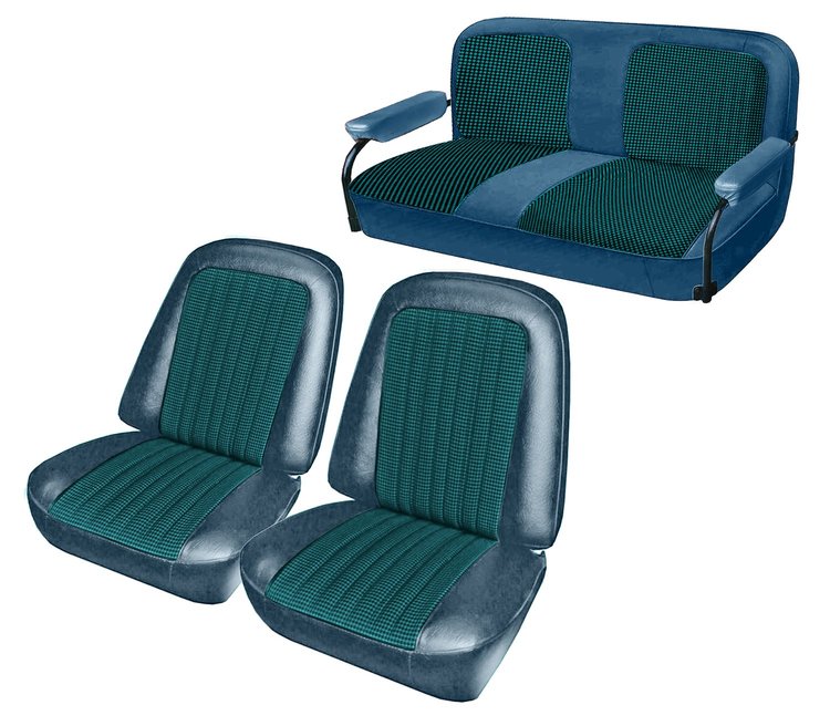 Front Buckets and Rear Bench Seat Upholstery for 1969-1972 Chevrolet Blazer  GMC Jimmy [Blue-Black Cloth, Metallic Blue Oxen]