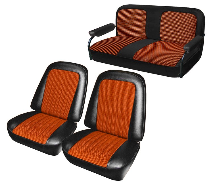 Front Buckets and Rear Bench Seat Upholstery for 1969-1972 Chevrolet Blazer  GMC Jimmy [Orange-Black Cloth, Black Oxen]