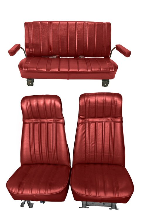 High Back Front Buckets/Rear Bench Seat Upholstery for 1973-1987 Chevy Blazer/GMC Jimmy [Red Madrid, Firethorne Red Oxen]