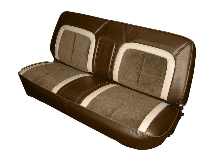 Front Bench Seat Upholstery for 1973-1979 Ford F-100/F-150 Truck [Giner/Dark Saddle w/Sandstone Insert w/White Corinthian Vinyl]