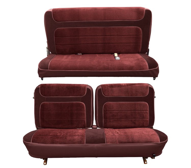 Front Split Bench and Rear Bench Seat Upholstery for 1980-1986 Ford Bronco [Burgundy Encore Trim, Burgundy Regal Inserts]