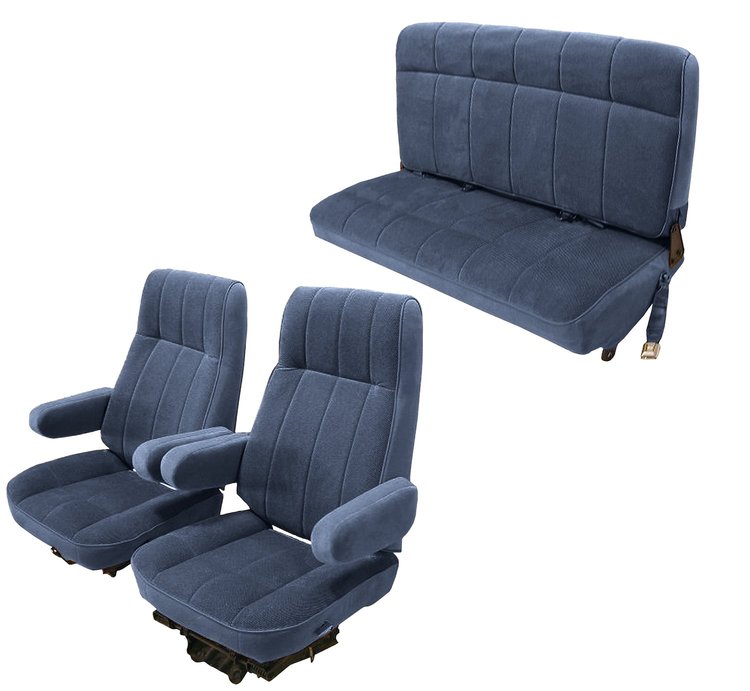 Front Buckets and Rear Bench Seat Upholstery for 1980-1986 Ford Bronco [Royal Blue Encore Trim, Blue Regal Inserts]