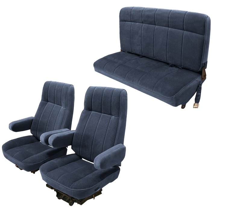 Front Buckets and Rear Bench Seat Upholstery for 1980-1986 Ford Bronco [Navy Blue Encore Trim, Blue Regal Inserts]