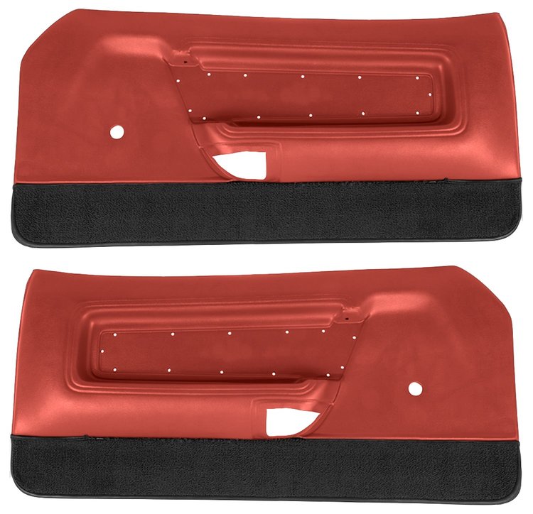 Deluxe Front Door Panels for 1971-1973 Ford Mustang [Vinyl, Vermillion/Red with Black Lower Carpet]