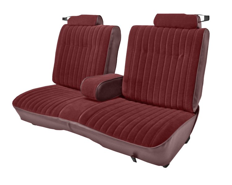 Front 50/50 Split Bench Seat UPH for 1981-1987 Chevy El Cam/GMC Caballero w/Center ARMR [9 Vert. Pleats, Maroon Vy/Burg. Velour]