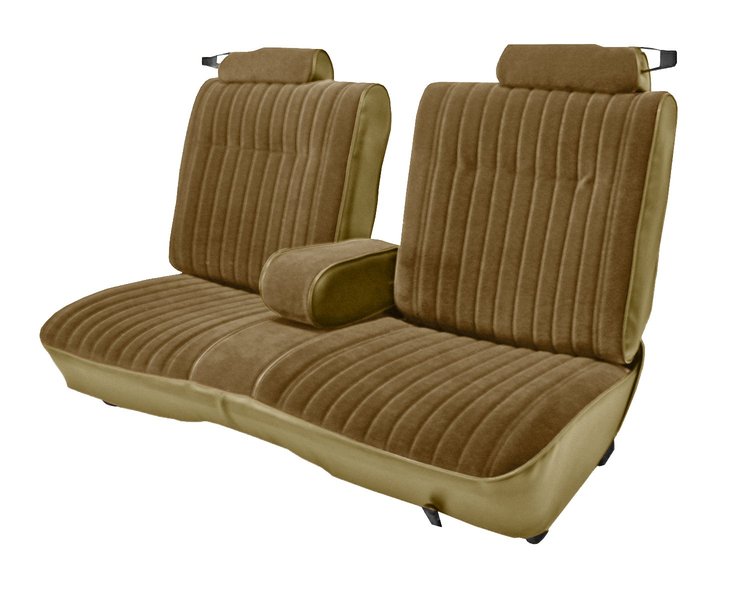 Front 50/50 Split Bench Seat UPH for 1981-1987 Chevy El Cam/GMC Caballero w/Cntr ARMR [9 Vert. Pleats, Palomino Vy/S-stone Vel.]