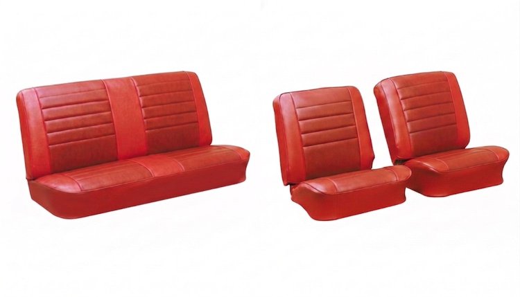 Front Buckets & Rear Seat Upholstery Kit for 1965 Chevy Chevelle & Malibu, Coupe, Hardtop [Madrid Grain Vinyl 2-Tone Red]