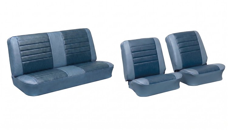 Front Buckets & Rear Seat Upholstery Kit for 1965 Chevy Chevelle & Malibu, Convertible [Madrid Grain Vinyl 2-Tone Blue]