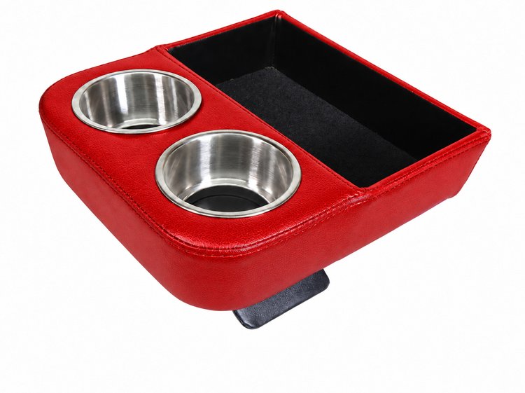 Deluxe Custom Shorty Floor Console with Stainless Steel Cup Holders and Storage Tray [Red, Seville Grain Vinyl]