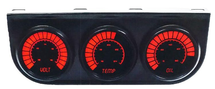 LED Bar Graph 3-Gauge Oil/Water/Volt Combo with Black Bezel [Red]