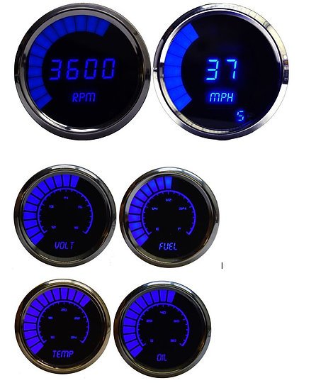 Digital LED Bar Graph 6-Gauge Set with Chrome Bezel [Blue]