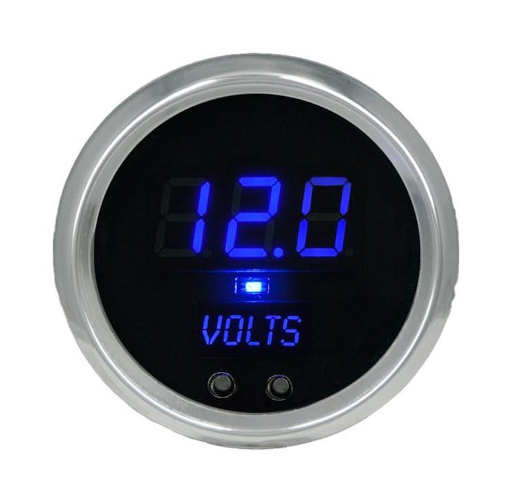 LED Digital Voltmeter Gauge with Warning System [Blue, 2 5/8 in., Chrome]