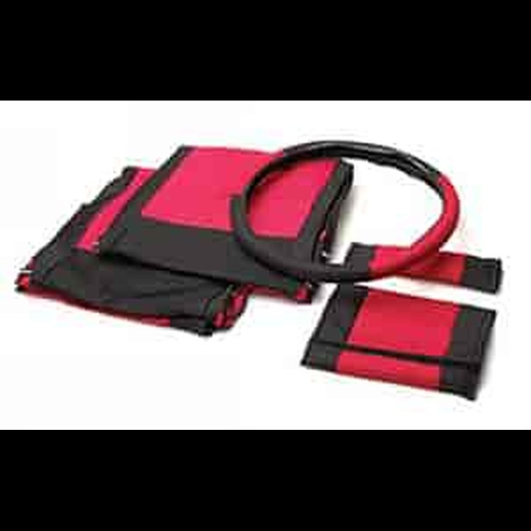 INTERIOR COMFORT COMBO PACK W/ 2 BLACK/RED POLYCANVAS SEAT COVERS 2 BELT PADS STEERING WHEEL COVER 03-06 WRANGLER