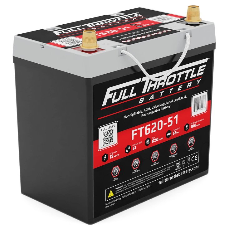 FT620-51 FT-Series AGM 12 V Battery, Group: 51, 620 CCA, 55 AH, Brass SAE Terminal - LHP