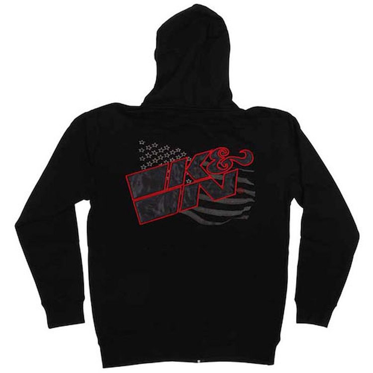 Long-sleeved black zip-up hoodie with the K&N logo on the front and a K&N American flag design on back.
