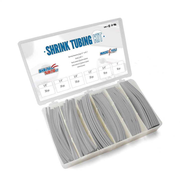 70-971-19 Shrink Tubing Kit, 110 Pieces, 6 in. Lengths, 6 Sizes, 1/8 in. To 1 in., 2:1 Heat Shrink Tubing, Gray
