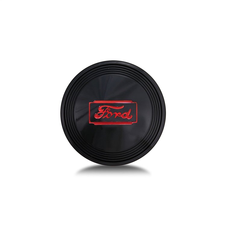 3142 Horn Button, Fits w/Mark 40 Wheel Steering, Plastic, Single Contact, w/Red Ford Logo, Black