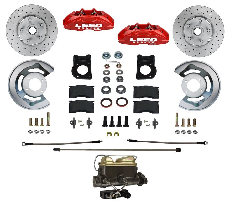 RFC0005-4C7X MaxGrip Lite 4-Piston Manual Front Brake Conv. Kit w/Drilled Rotors, 62-69 Fairlane/Falcon/Ranchero, Red Calipers