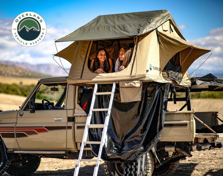 TMBK 3 Roof Top Tent - Tan Base With Green Rain Fly, Black Aluminum Base, Black Ladder