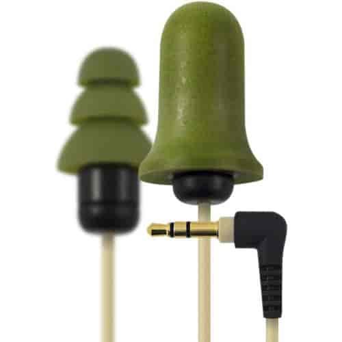 Ranger Earplug Headphones Black Earbuds and Tan Cord with Interchangeable Green Foam and Silicone Earplugs