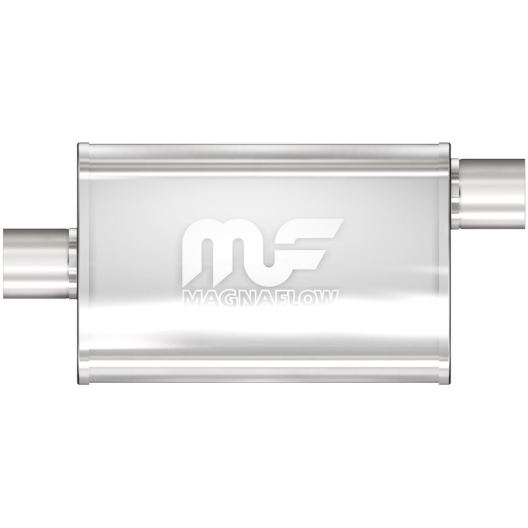 3.5" x 7" Oval Muffler Offset In/Center Out: 1.75" Body Length: 14" Overall Length: 20" Core Size: 2" Satin Finish