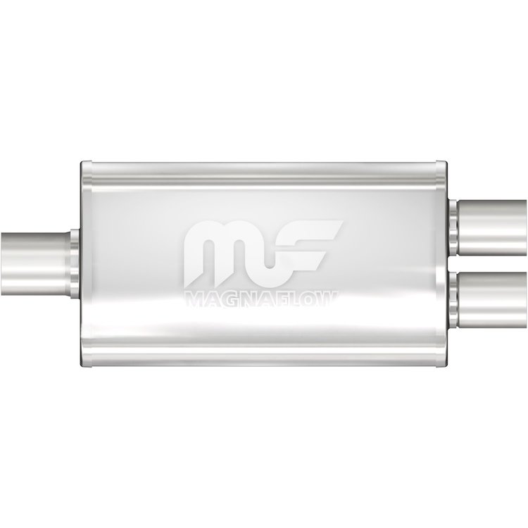 3.5" x 7" Oval Muffler Center In/Dual Out: 2.25"/2" Body Length: 14" Overall Length: 20" Core Size: 2" Satin Finish