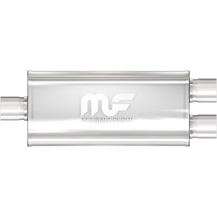 5" x 8" Oval Muffler Center In/Dual Out: 2.25"/2.25" Body Length: 18" Overall Length: 24" Core Size: 2.5" Satin Finish