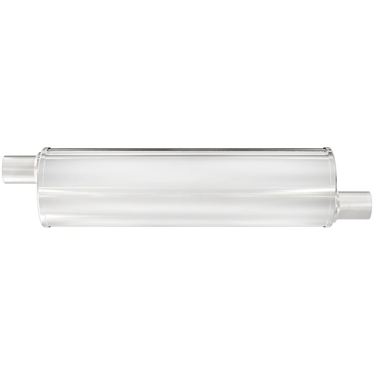 6" Round XL 3-Chamber Muffler Offset In/Offset Out: 2.5"/2.5" Body Length: 27" Overall Length: 33" Satin Finish
