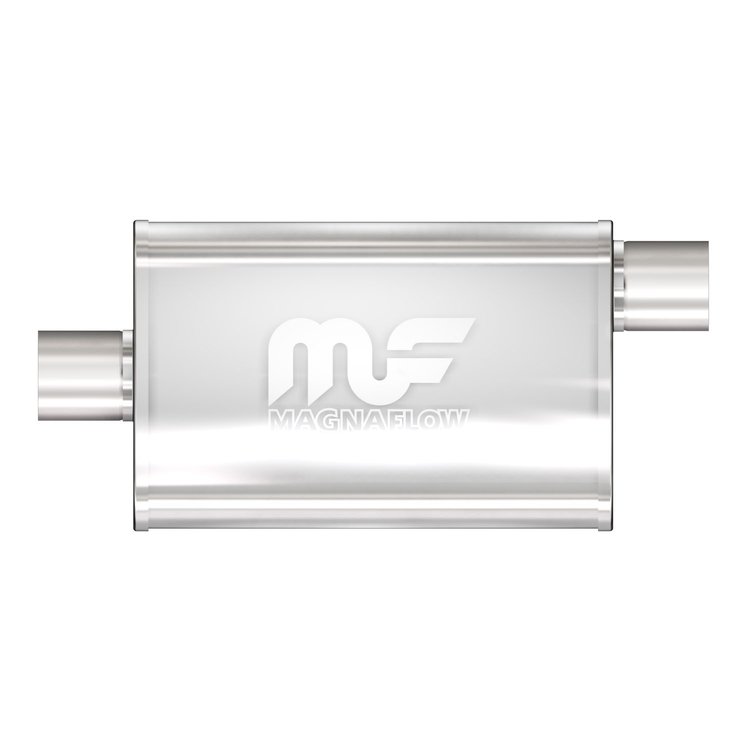 4" x 9" Oval Muffler Offset In/Center Out: 2.5" Body Length: 18" Overall Length: 24" Core Size: 2.5" Polished Finish