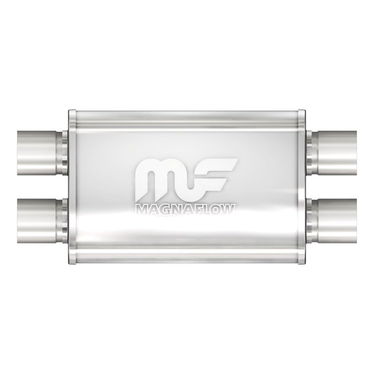 4" x 9" Oval Muffler Dual In/Dual Out: 2.5" Body Length: 14" Overall Length: 20" Core Size: 2.5" Polished Finish