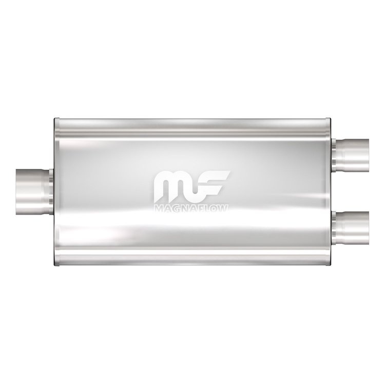 5" x 11" Oval Muffler Center In/Dual Out: 2.5"/2.25" Body Length: 22" Overall Length: 28" Core Size: 2.5" Polished Finish