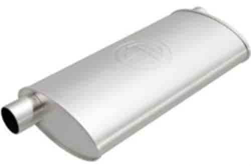 4.5" x 9.75" Oval Body Universal Muffler Offset In/Center Out: 2"/2" Body Length: 17" Overall Length: 20"