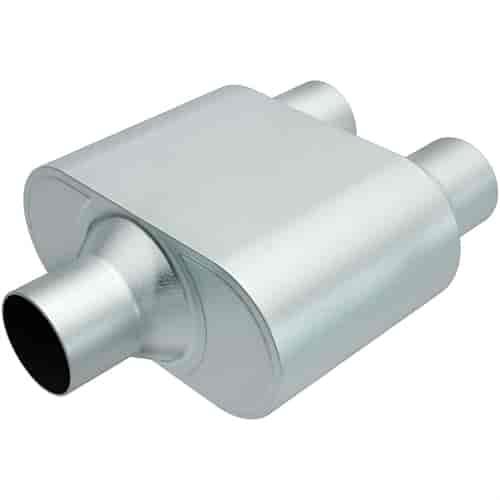 Rumble Chamber Muffler Center In/Dual Out: 3"/2.5" Body Length: 6.5" Overall Length: 13"