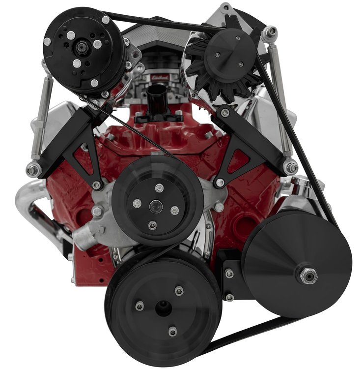 21015-08 Small Block Chevy Serpentine Conversion - AC & PS - SWP - Saginaw-Key - Black