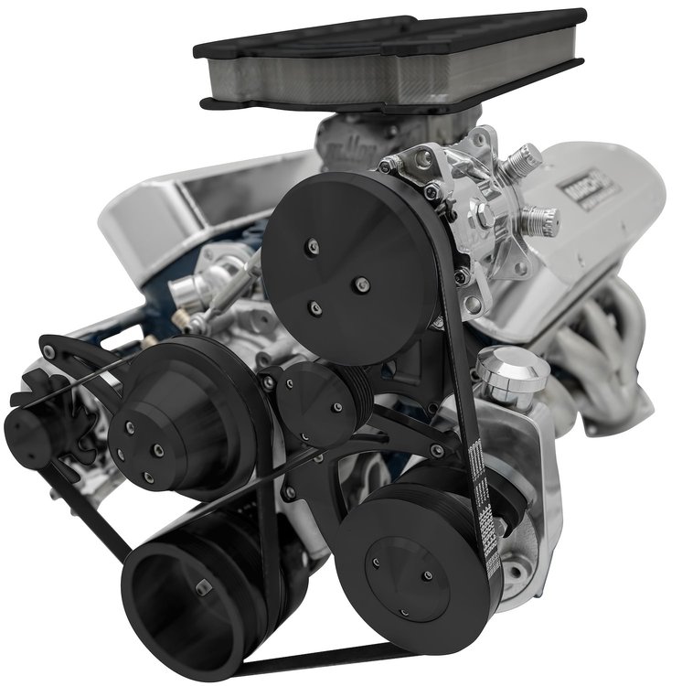 30163-08 Small Block Ford Serpentine Conversion Ultra; Early; 3 Bolt; PS-Saginaw; Black