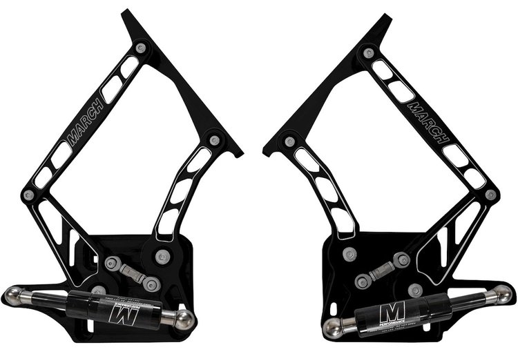 HH65FF-S-07 1964-1965 Ford Falcon Billet Hood Hinges, Gen II, Stainless Steel Gas Struts, Black Onyx Finish, Steel Hood
