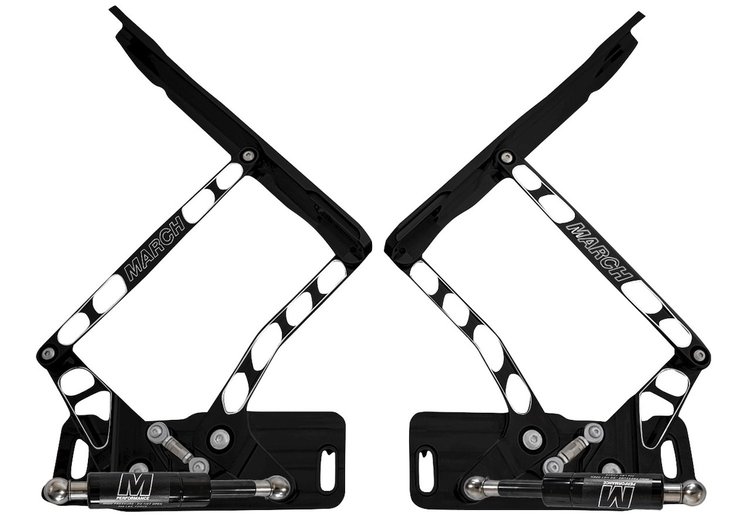 HH67BS-S-07 1965-1967 Chevy Biscayne Billet Hood Hinges, Gen IV, Stainless Steel Gas Struts, Black Onyx Finish, Steel Hood