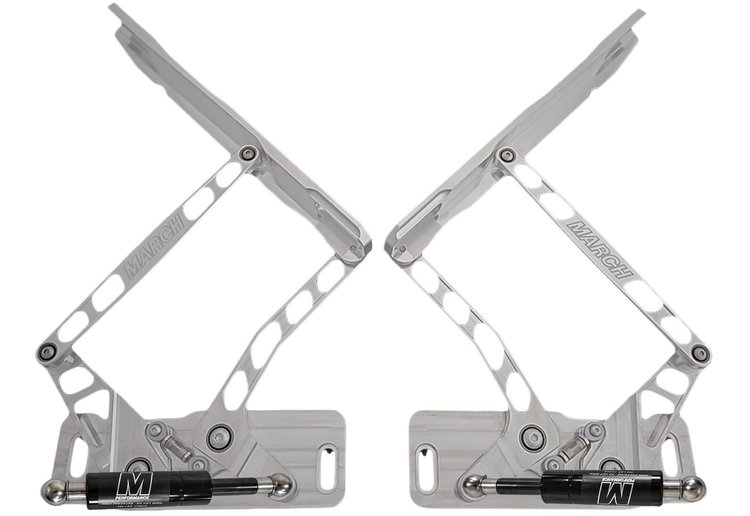 HH67CE-S-05 1965-1967 Chevy Chevelle/El Camino Billet Hood Hinges, Gen I, Stainless Gas Struts, Polished Finish, Steel Hood