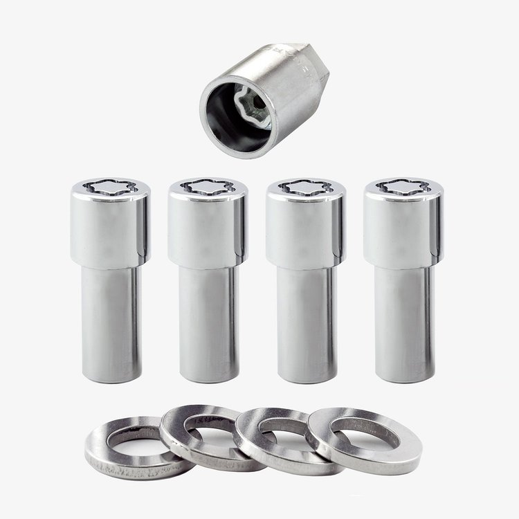 Locking Lug Nuts - Chrome Extra-Long 1.365" Shank M12 x 1.5 Thread 13/16" Hex Size