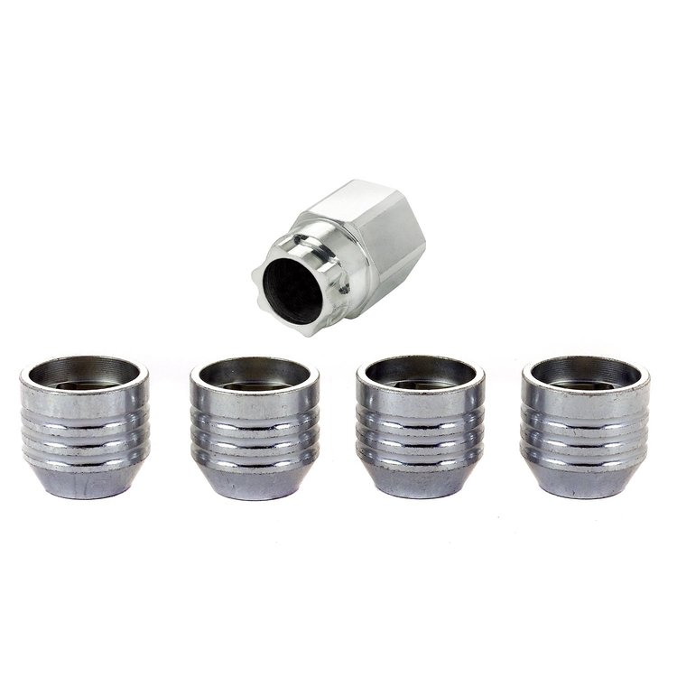 Locking Lug Nuts - Chrome Cone Seat-Open End Style Thread Size: M14 x 2.0 Key Hex Size: 13/16" Includes 4 Lug Nuts and 1 Key